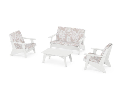 POLYWOOD® Riviera Modern Lounge 4-Piece Set in White / Leaf Dune Burlap