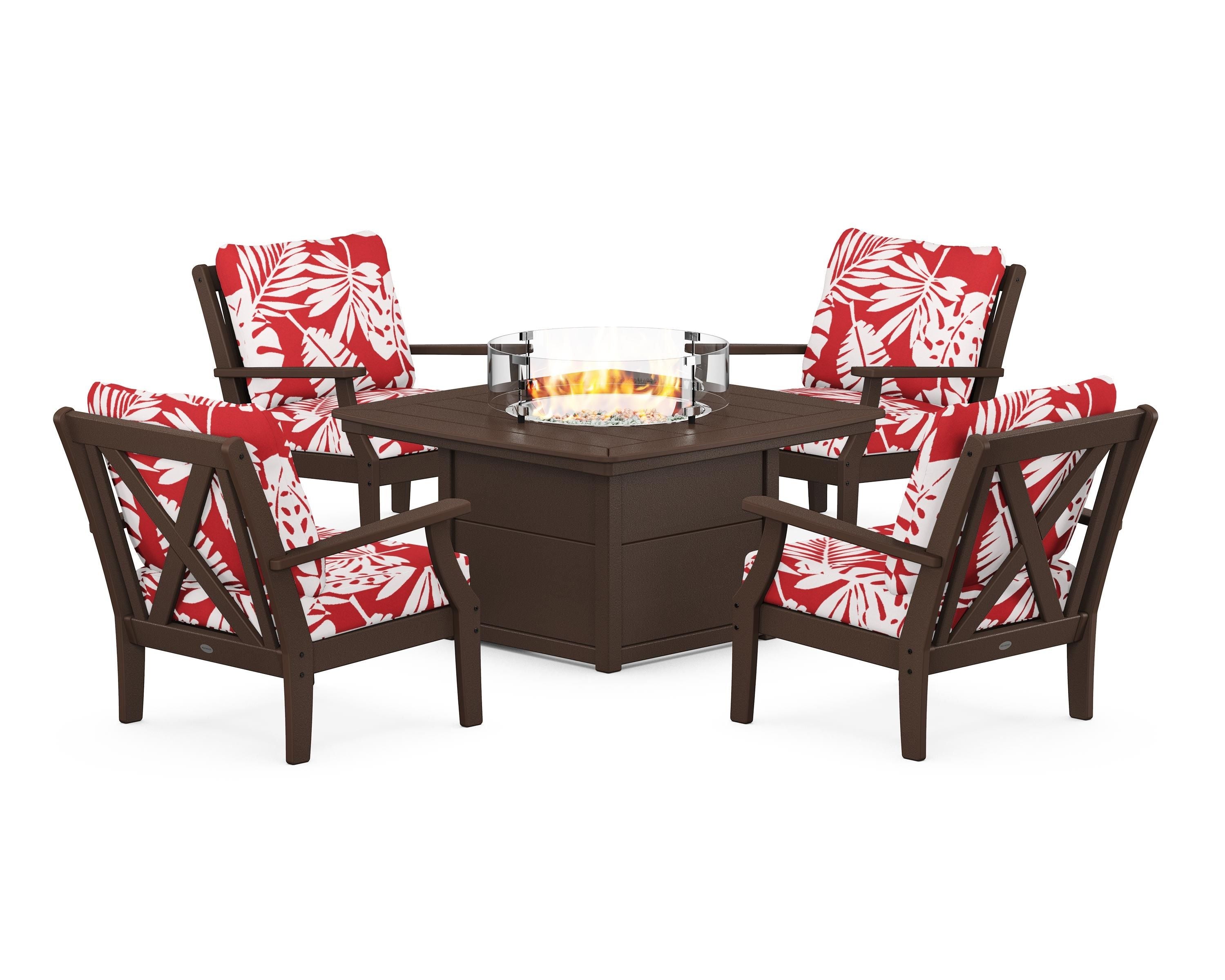 POLYWOOD® Braxton 5-Piece Deep Seating Conversation Set with Fire Pit Table in Mahogany / Leaf Crimson