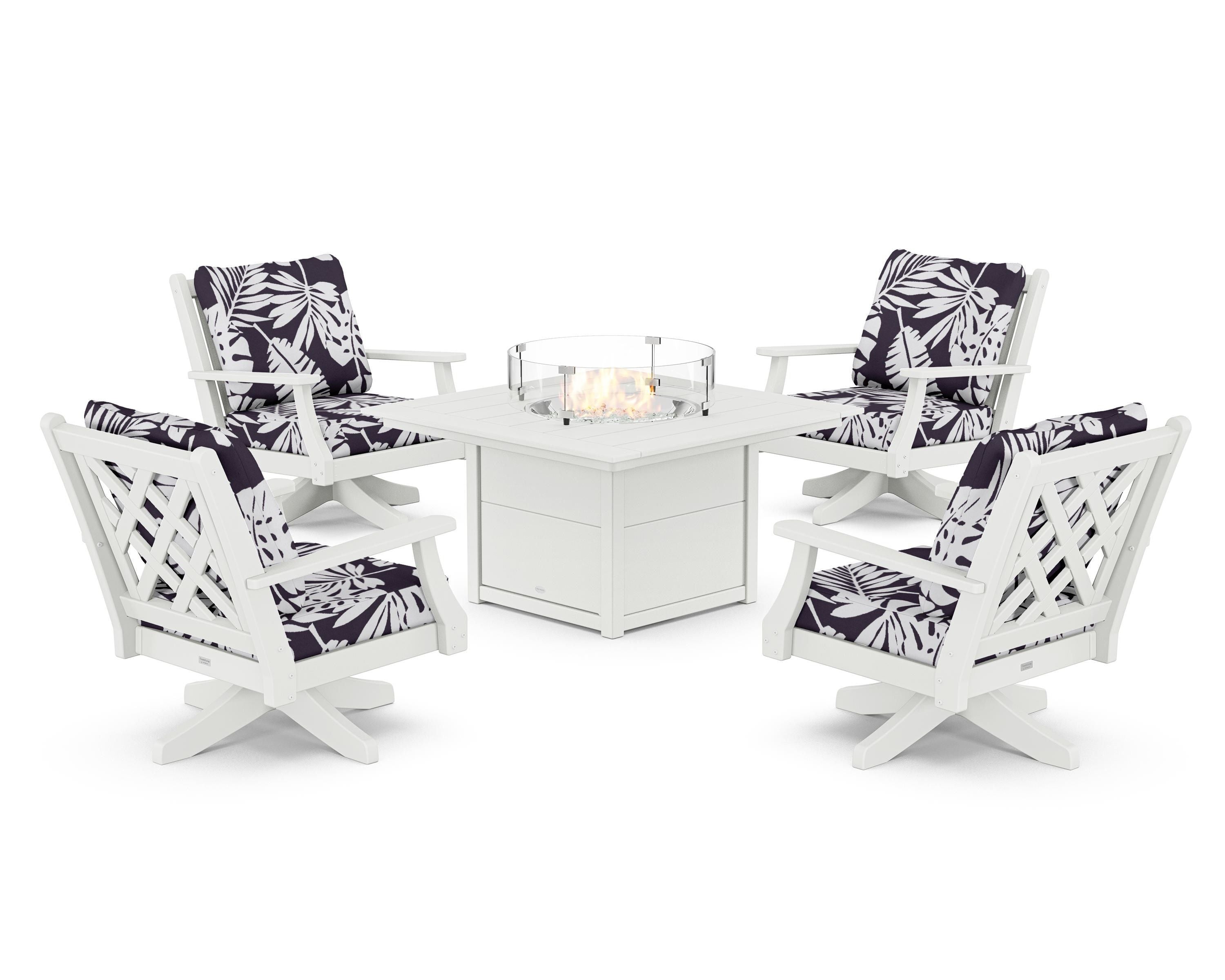 Country Living Wovendale 5-Piece Deep Seating Swivel Conversation Set with Fire Pit Table in White / Leaf Navy