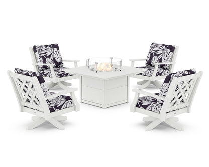 Country Living Wovendale 5-Piece Deep Seating Swivel Conversation Set with Fire Pit Table in White / Leaf Navy