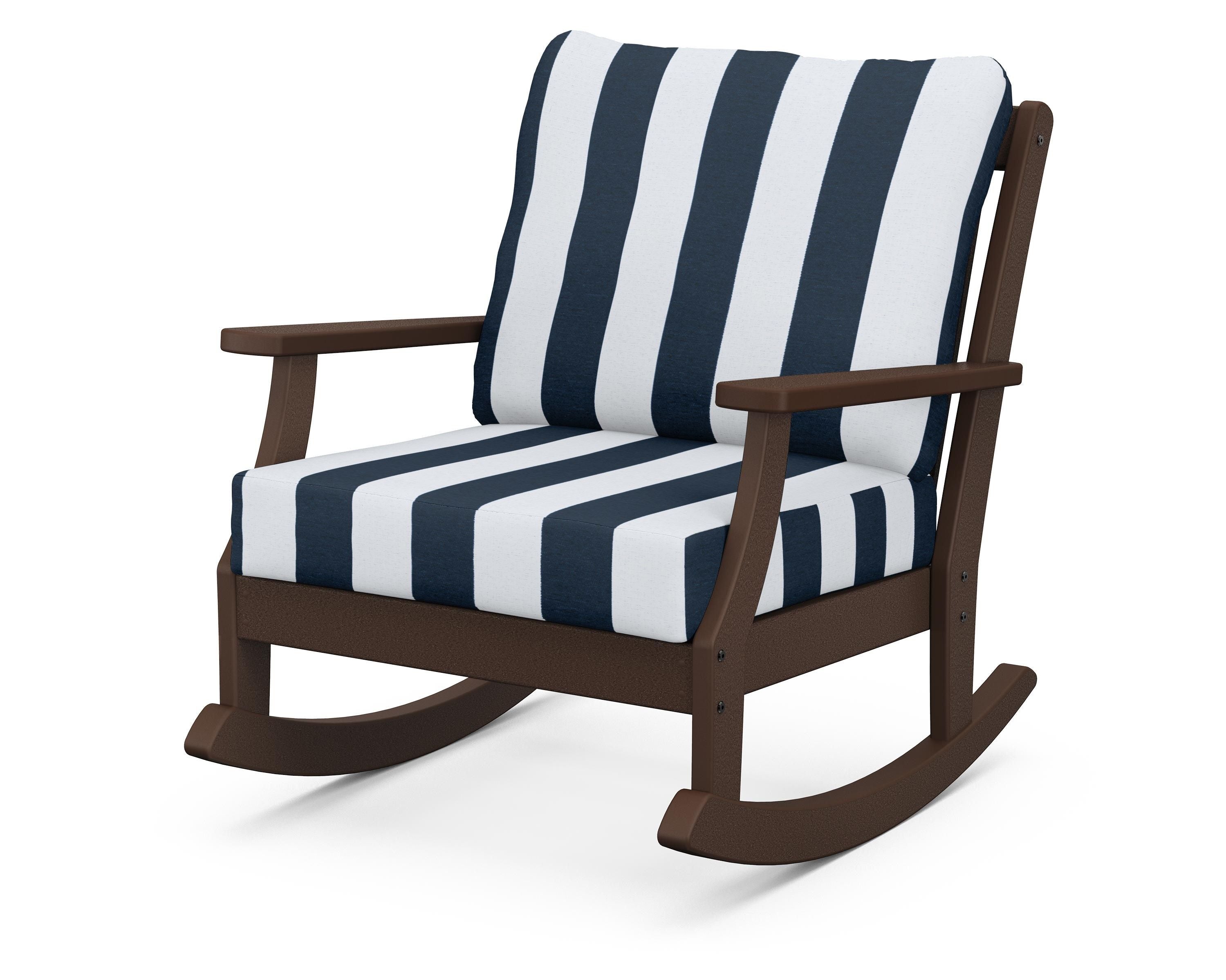 POLYWOOD® Braxton Deep Seating Rocking Chair in Mahogany / Cabana Stripe Marine Indigo