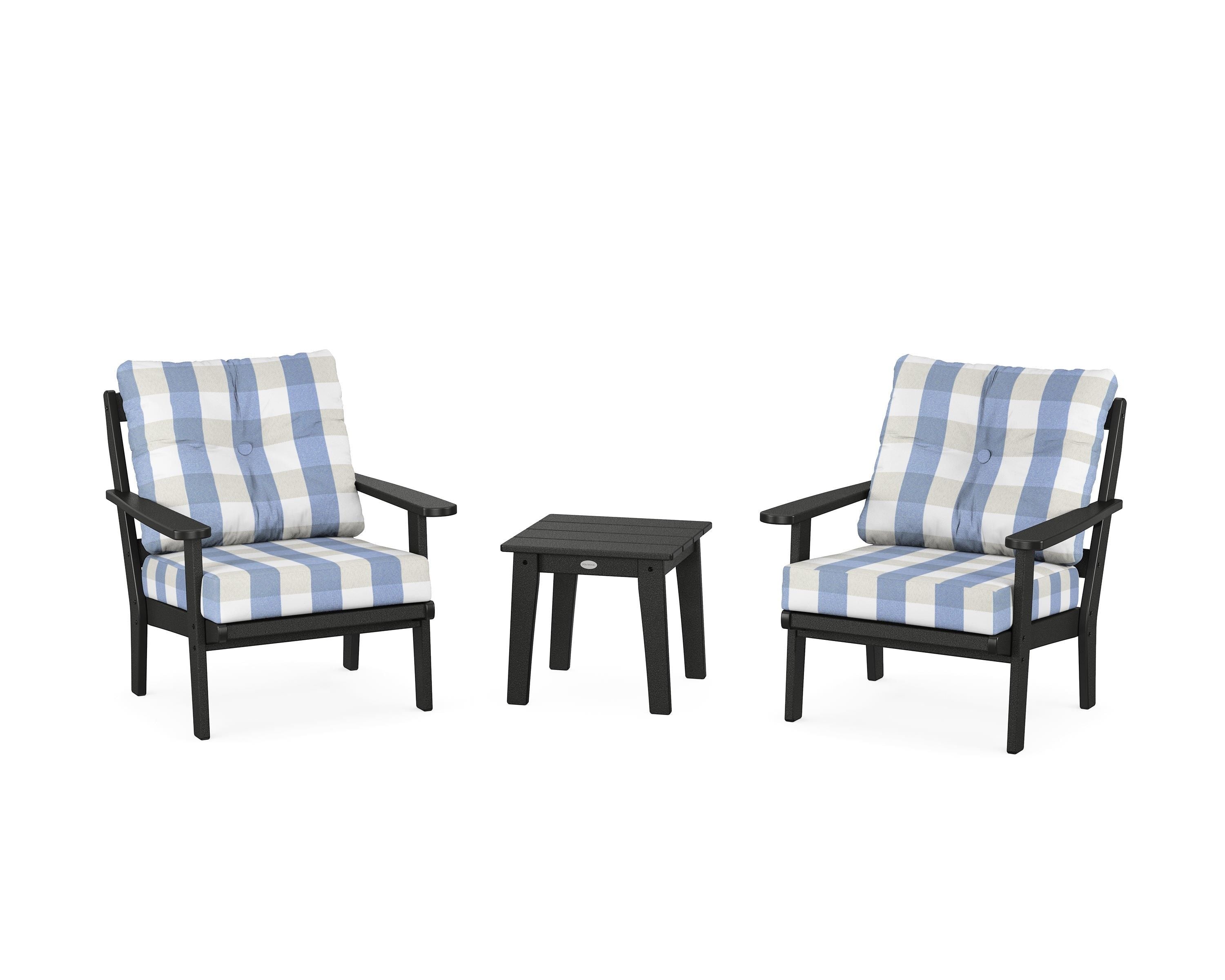 POLYWOOD® Mission 3-Piece Deep Seating Set in Black / Buffalo Plaid Sky Blue