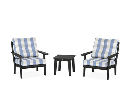 POLYWOOD® Mission 3-Piece Deep Seating Set in Black / Buffalo Plaid Sky Blue