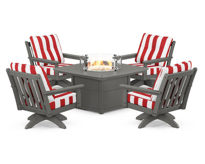 POLYWOOD® Vineyard 5-Piece Deep Seating Swivel Conversation Set with Fire Pit Table in Slate Grey / Cabana Stripe Crimson