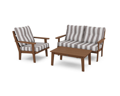 POLYWOOD® Lakeside 3-Piece Deep Seating Set in Teak / Cabana Stripe Grey Mist
