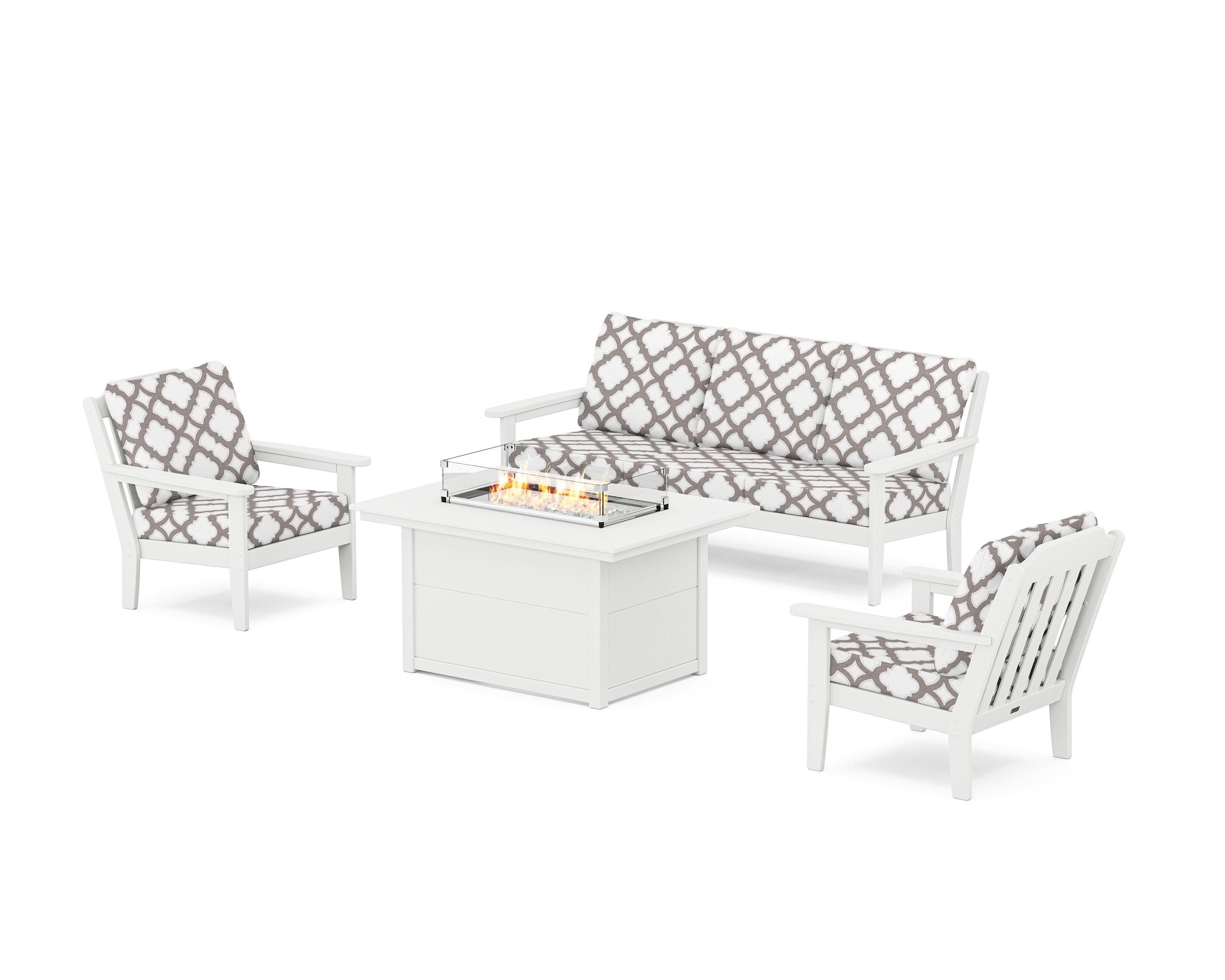 Country Living Cottage Deep Seating Fire Pit Table Set in White / Trellis Grey Mist