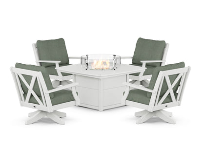 POLYWOOD® Braxton 5-Piece Deep Seating Swivel Conversation Set with Fire Pit Table in White / Cast Sage