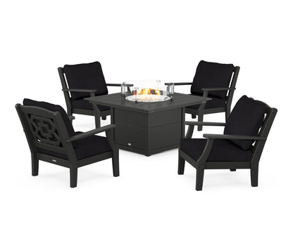 Martha Stewart by POLYWOOD® Chinoiserie 5-Piece Deep Seating Set with Fire Pit Table in Black / Midnight Linen
