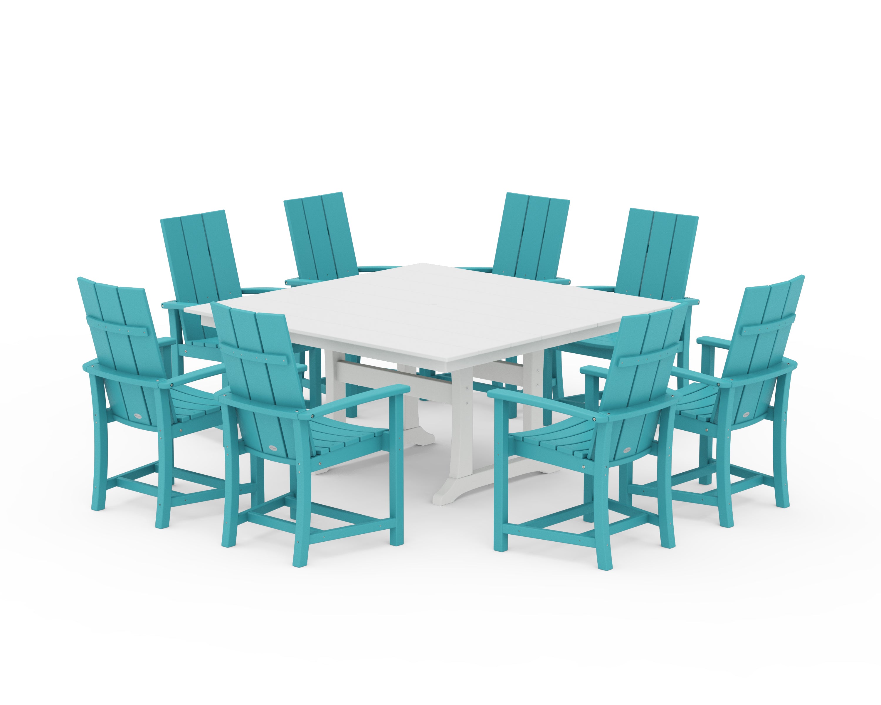 POLYWOOD® Modern Adirondack 9-Piece Farmhouse Trestle Dining Set in Aruba / White
