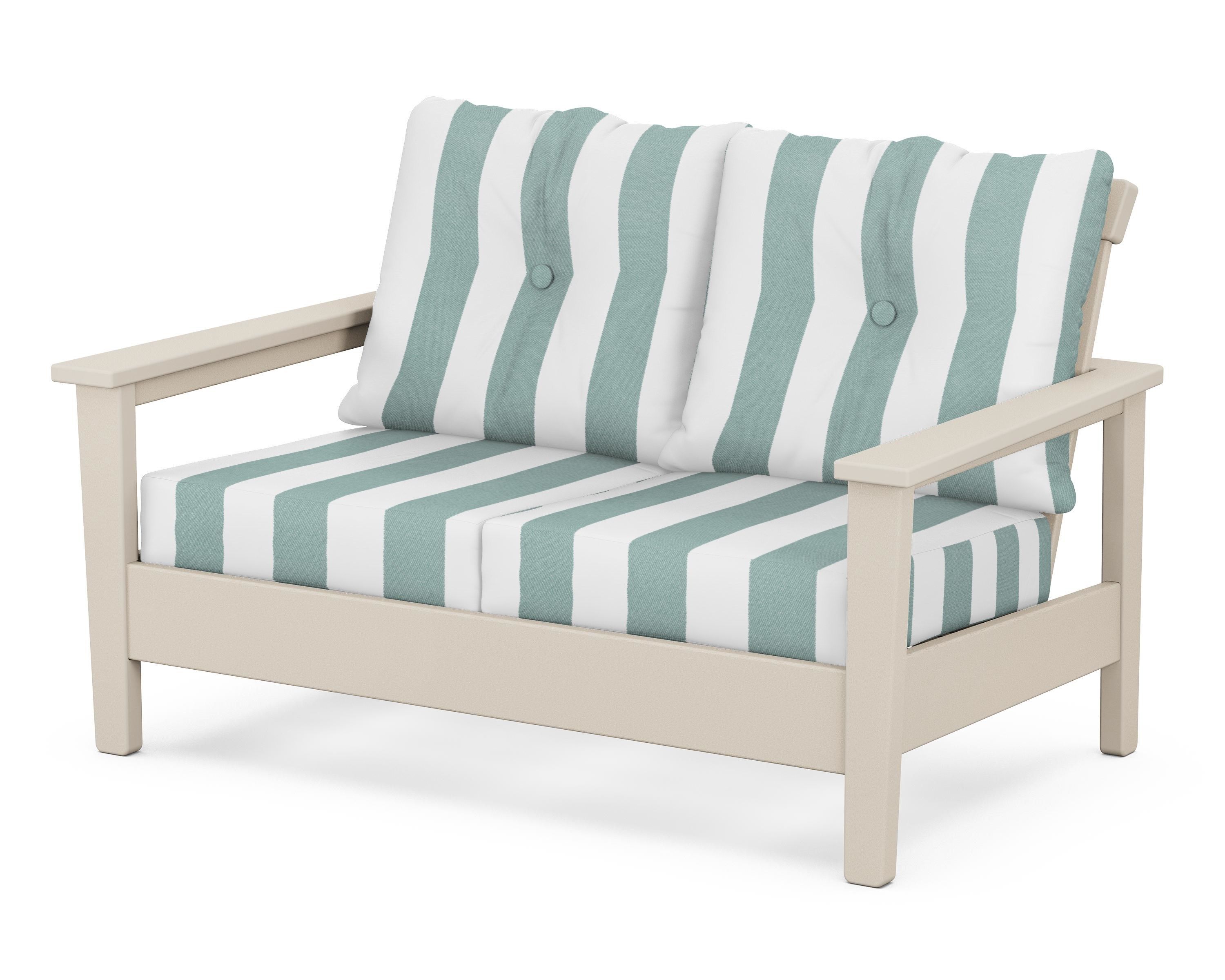 POLYWOOD® Prescott Deep Seating Loveseat in Sand / Cabana Stripe Glacier Spa