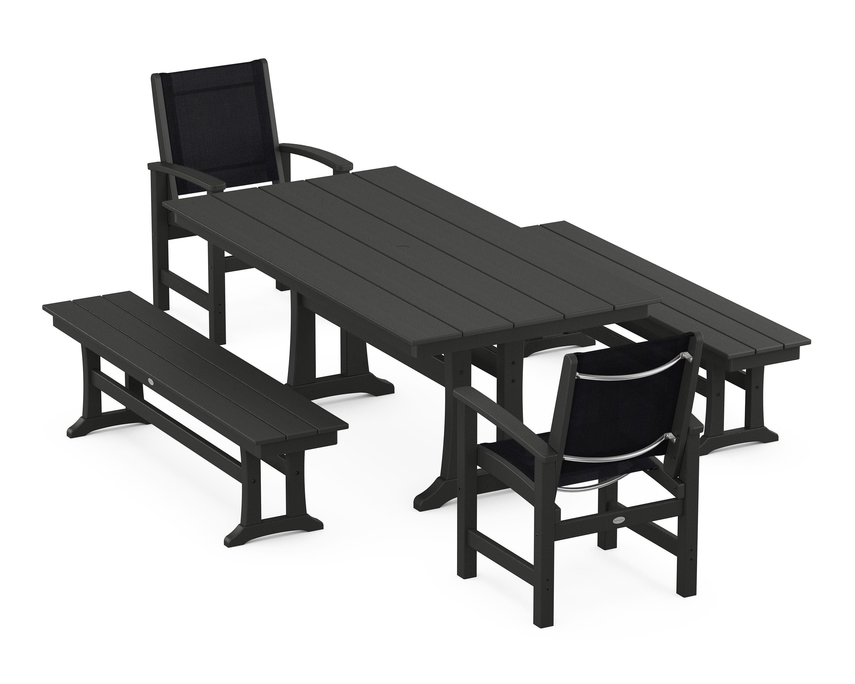 POLYWOOD® Coastal 5-Piece Farmhouse Dining Set with Trestle Legs and Benches in Black / Black Sling