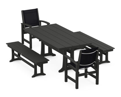 POLYWOOD® Coastal 5-Piece Farmhouse Dining Set with Trestle Legs and Benches in Black / Black Sling