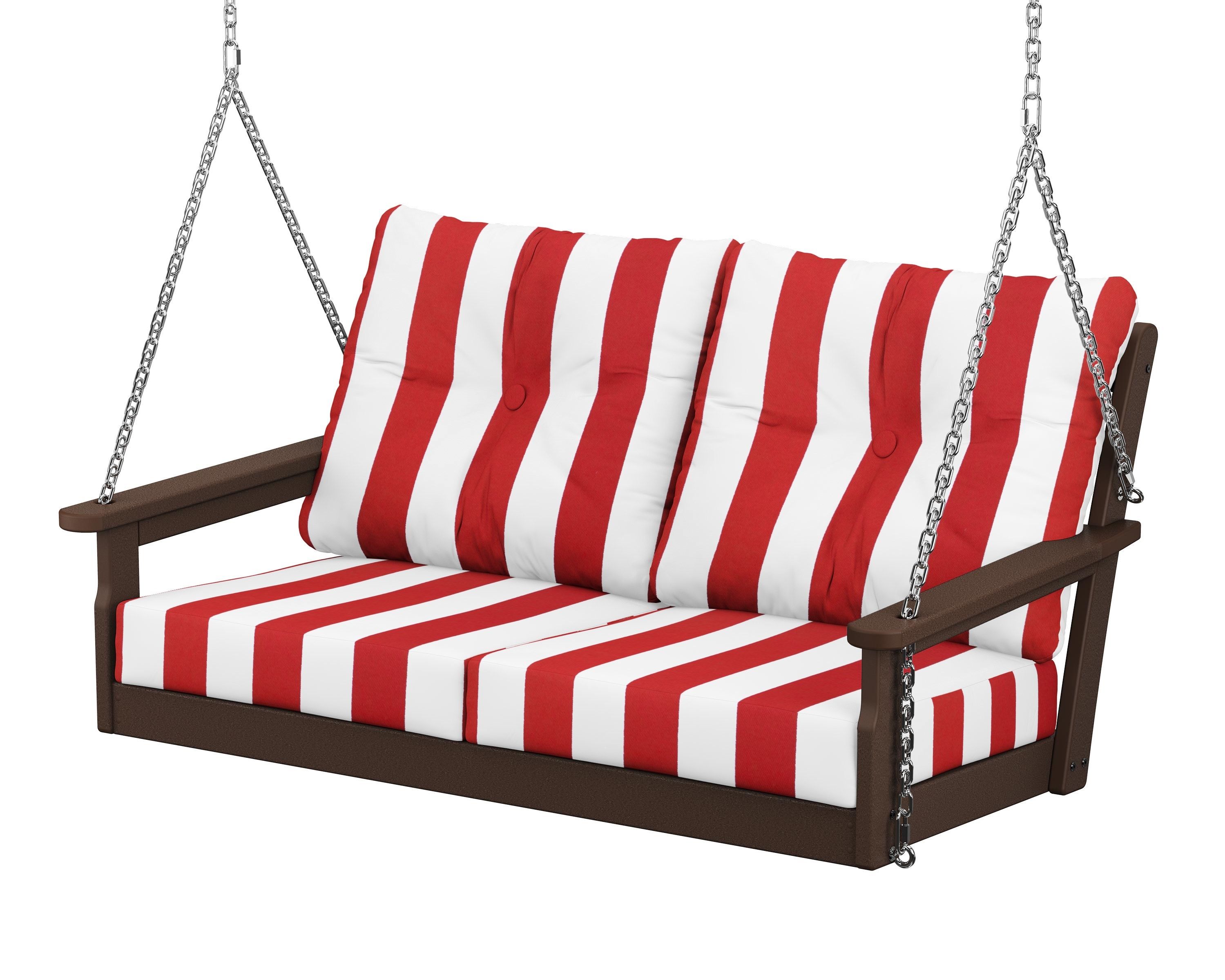 POLYWOOD® Vineyard Deep Seating Swing in Mahogany / Cabana Stripe Crimson