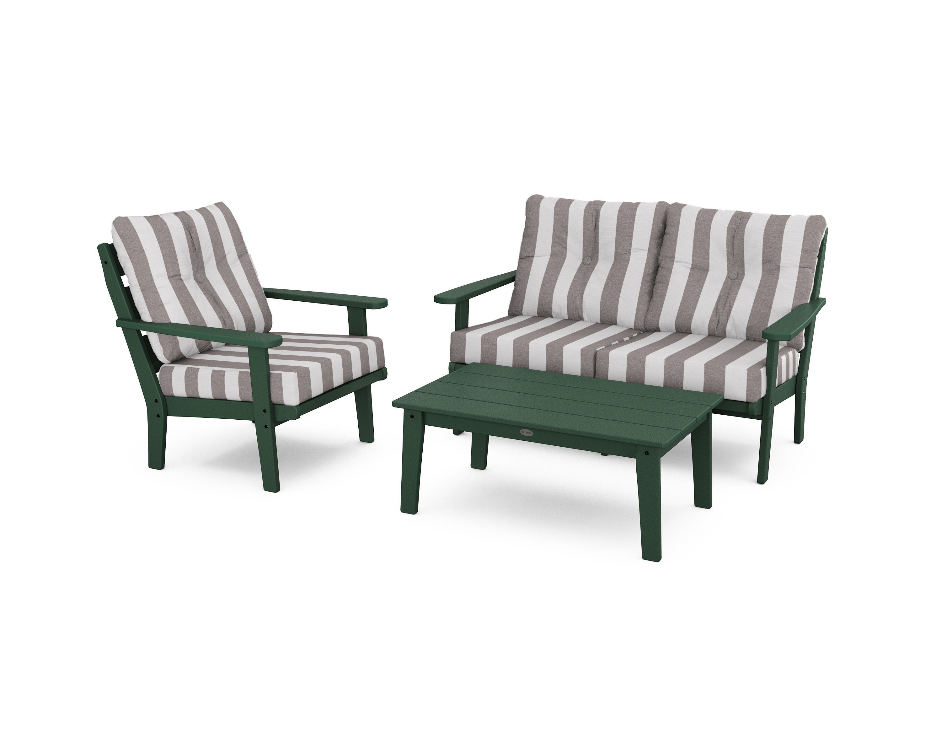 POLYWOOD® Lakeside 3-Piece Deep Seating Set in Green / Cabana Stripe Grey Mist