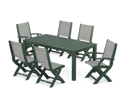 POLYWOOD® Coastal Folding Chair 7-Piece Parsons Dining Set in Green / Metallic Sling