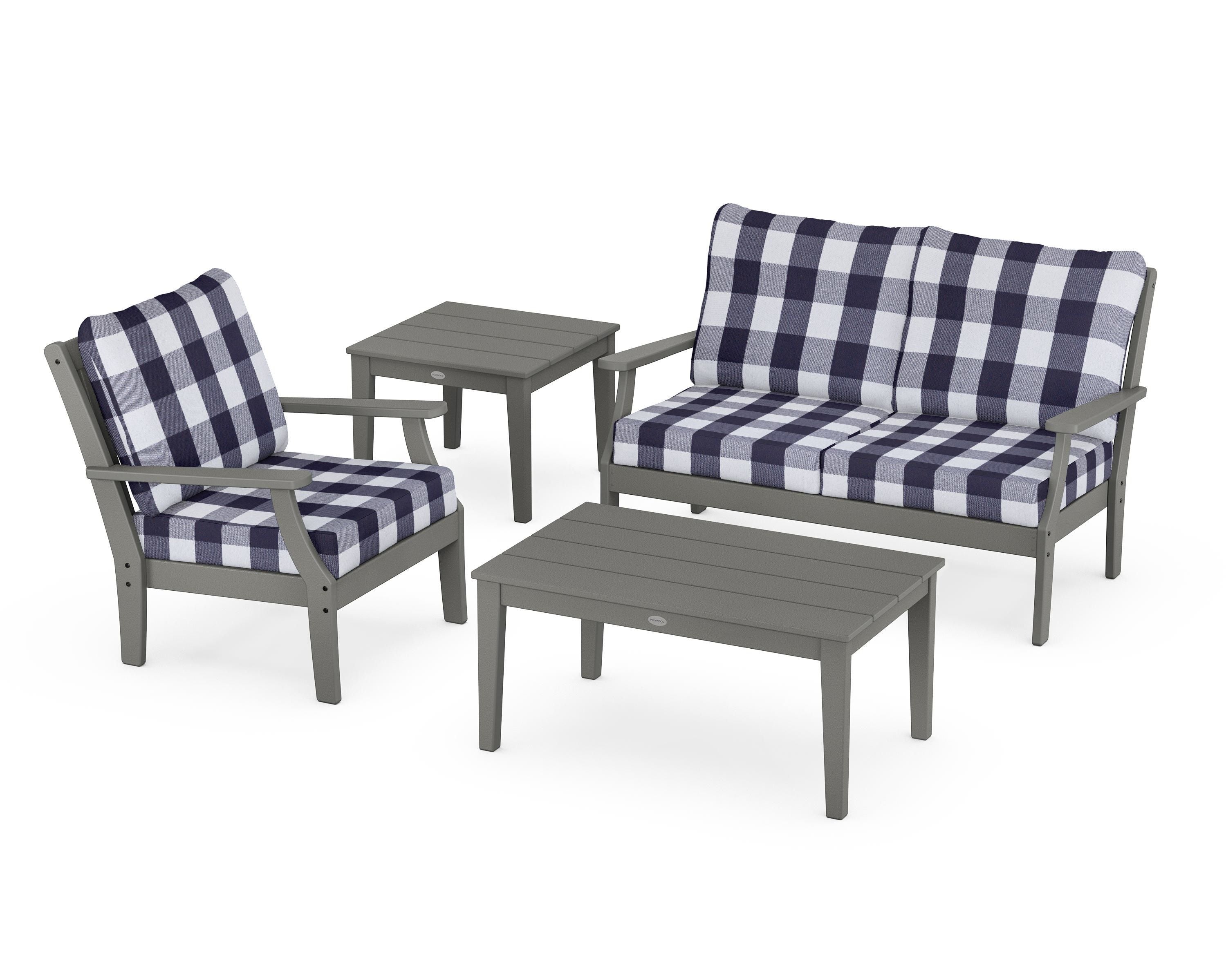 POLYWOOD® Braxton 4-Piece Deep Seating Set in Slate Grey / Buffalo Plaid Navy
