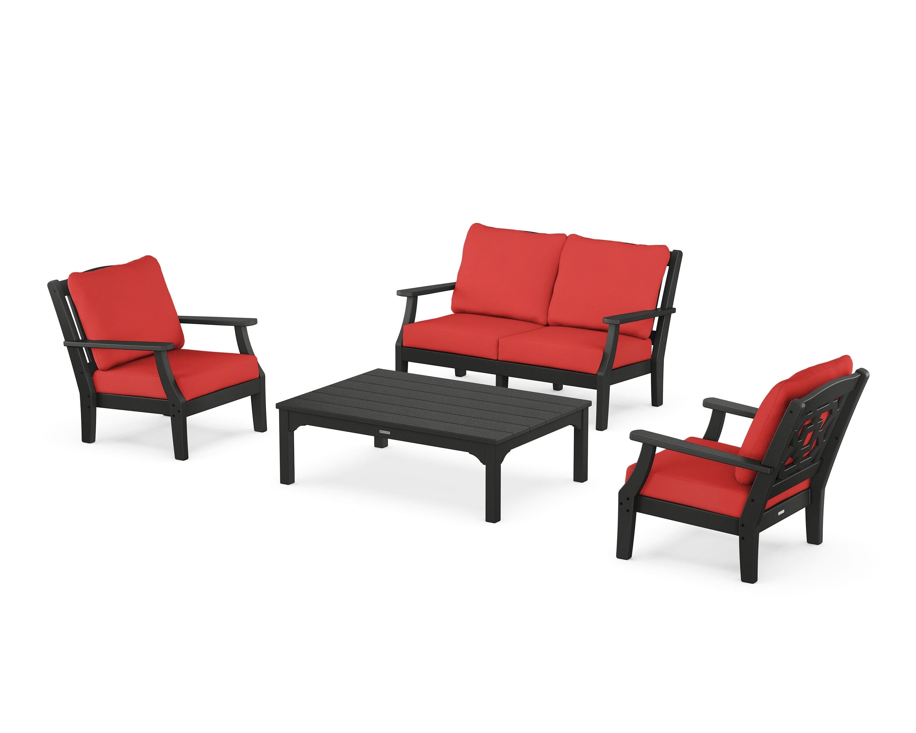 Martha Stewart by POLYWOOD® Chinoiserie 4-Piece Deep Seating Set with Loveseat in Black / Crimson Linen