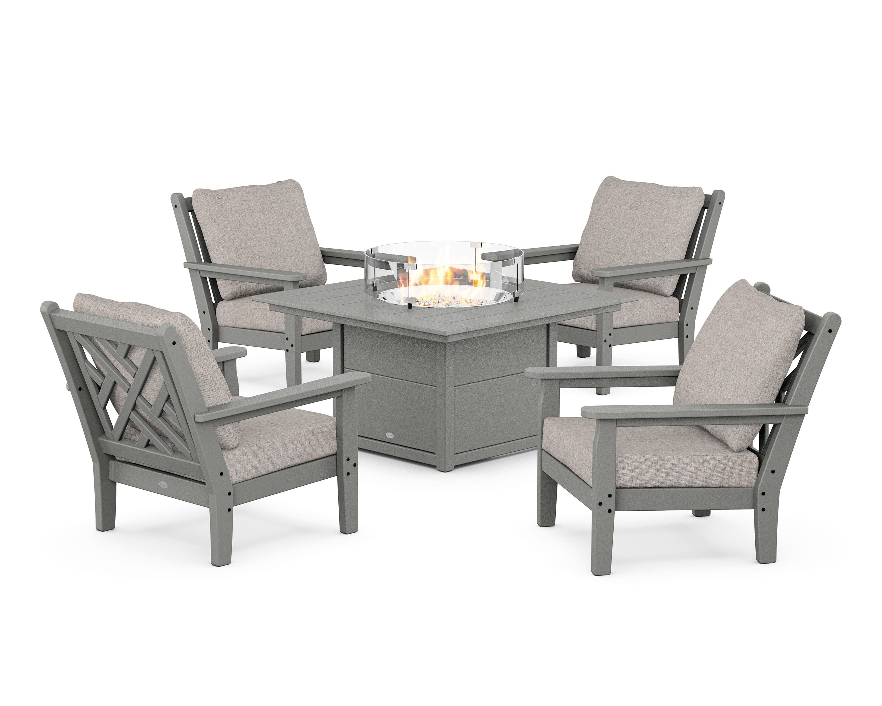 POLYWOOD® Chippendale 5-Piece Deep Seating Set with Fire Pit Table in Slate Grey / Weathered Tweed