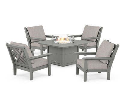 POLYWOOD® Chippendale 5-Piece Deep Seating Set with Fire Pit Table in Slate Grey / Weathered Tweed