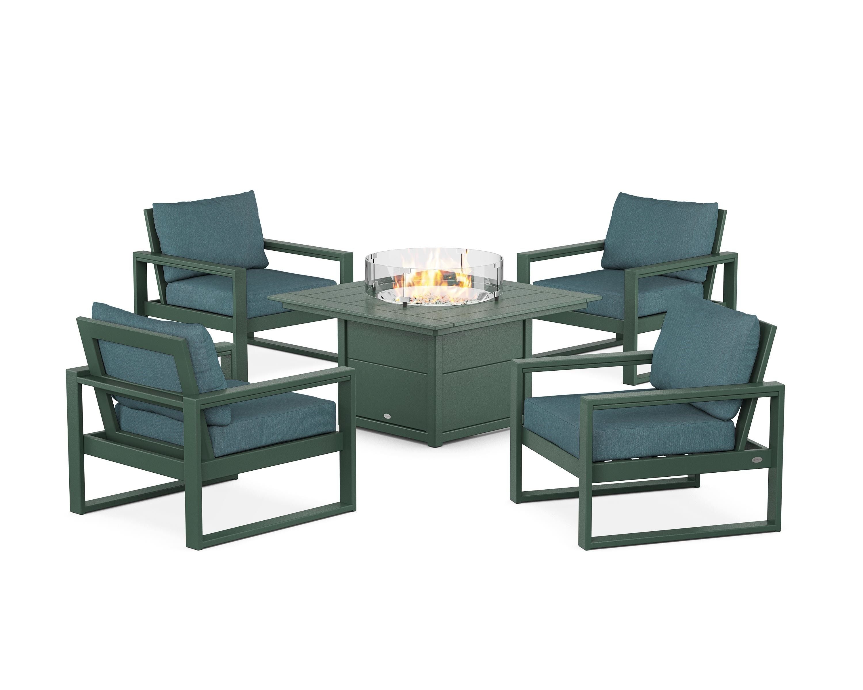POLYWOOD® EDGE Sectional 5-Piece Deep Seating Set with Fire Pit Table in Green / Ocean Teal