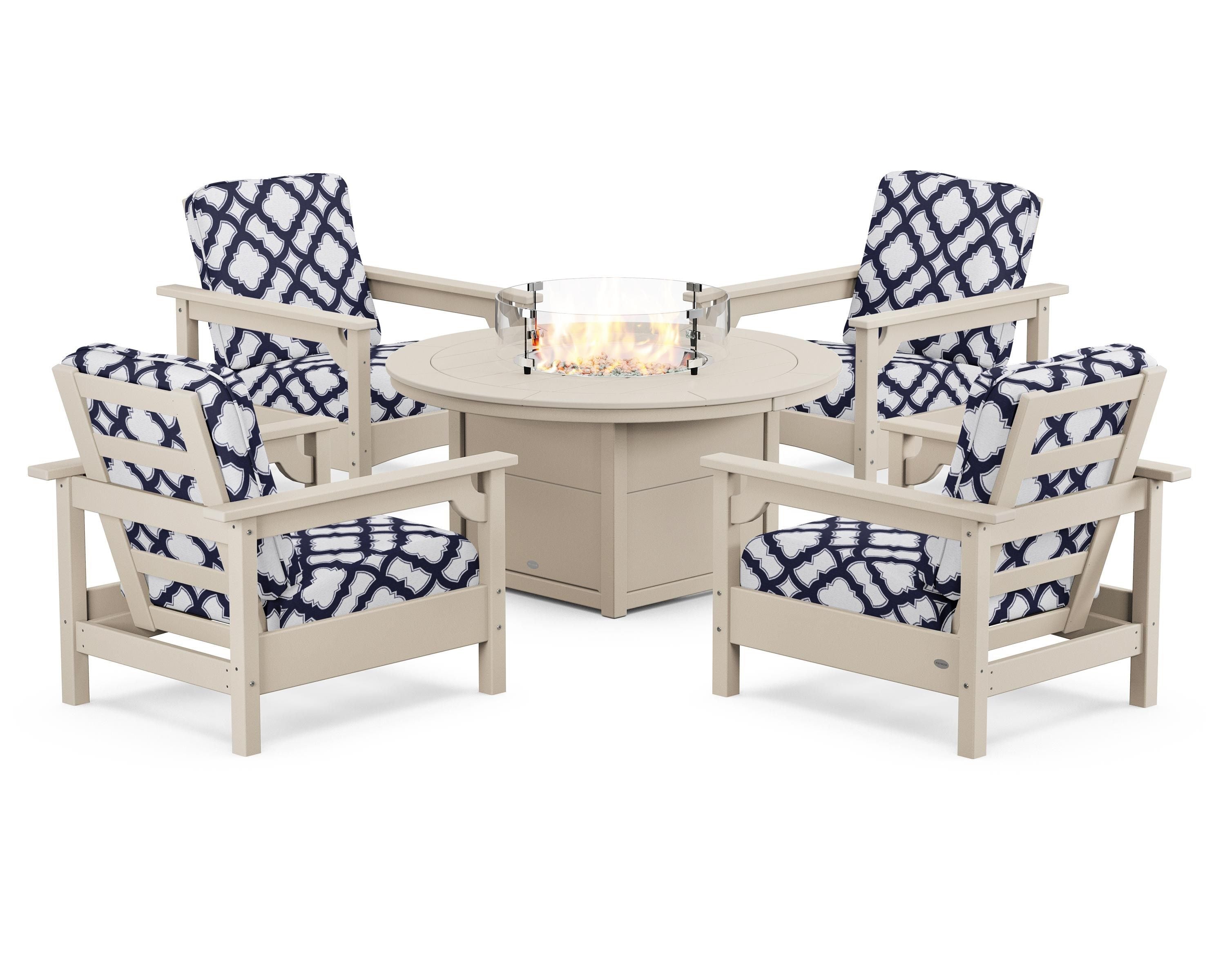 POLYWOOD® Club 5-Piece Conversation Set with Fire Pit Table in Sand / Trellis Navy
