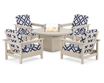 POLYWOOD® Club 5-Piece Conversation Set with Fire Pit Table in Sand / Trellis Navy