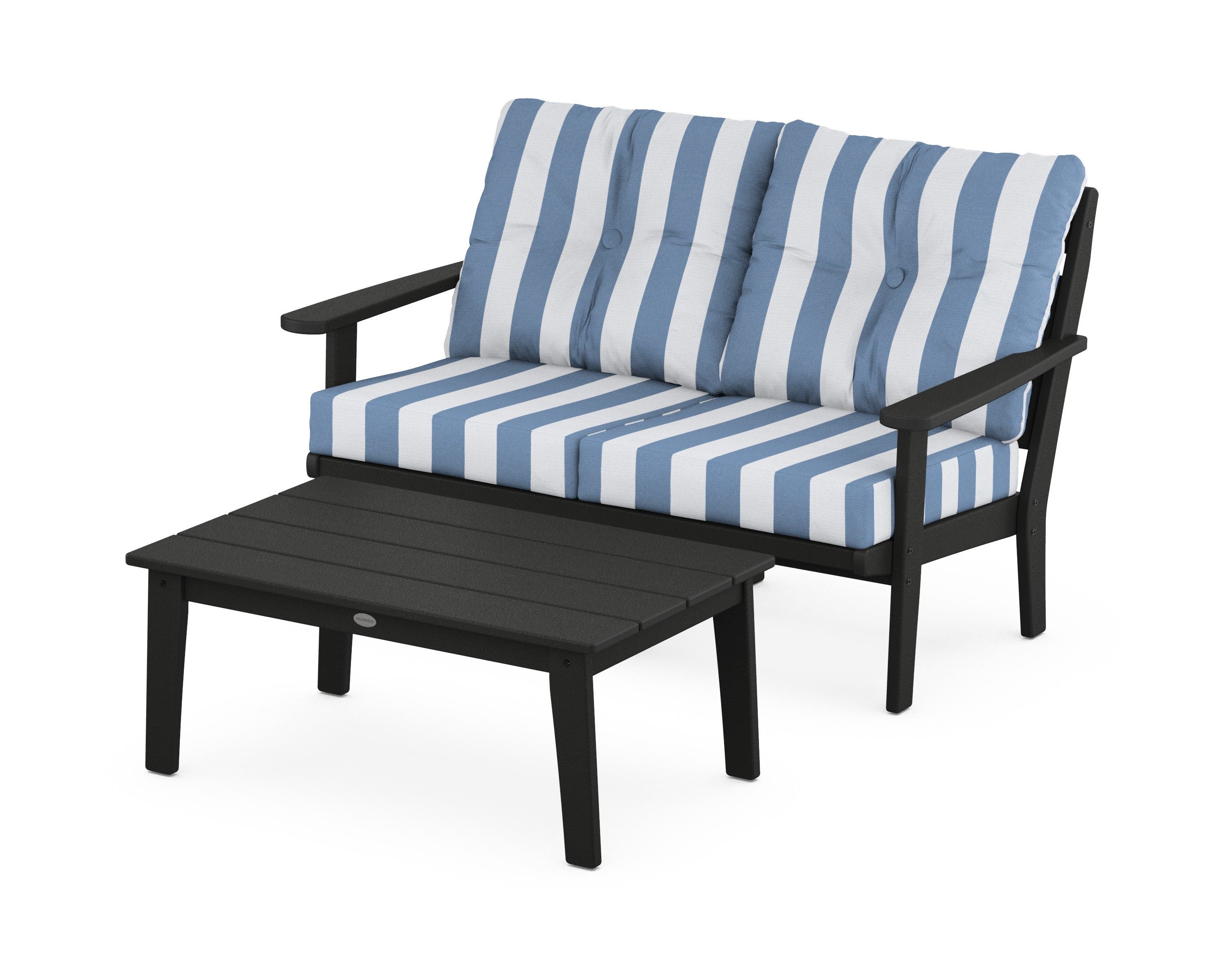 POLYWOOD® Lakeside 2-Piece Lounge Loveseat Set in Black / Cabana Stripe Sky Blue