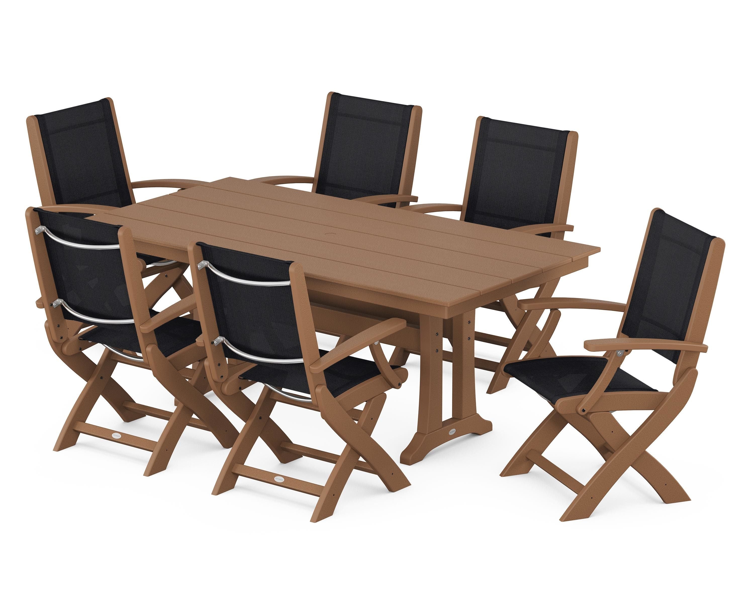 POLYWOOD® Coastal Folding Arm Chair 7-Piece Farmhouse Dining Set with Trestle Legs in Teak / Black Sling