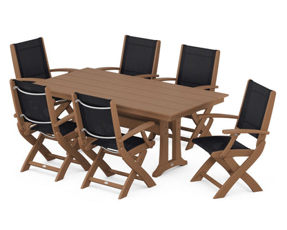POLYWOOD® Coastal Folding Arm Chair 7-Piece Farmhouse Dining Set with Trestle Legs in Teak / Black Sling