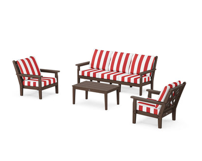 POLYWOOD® Chippendale 4-Piece Deep Seating Set with Sofa in Mahogany / Cabana Stripe Crimson