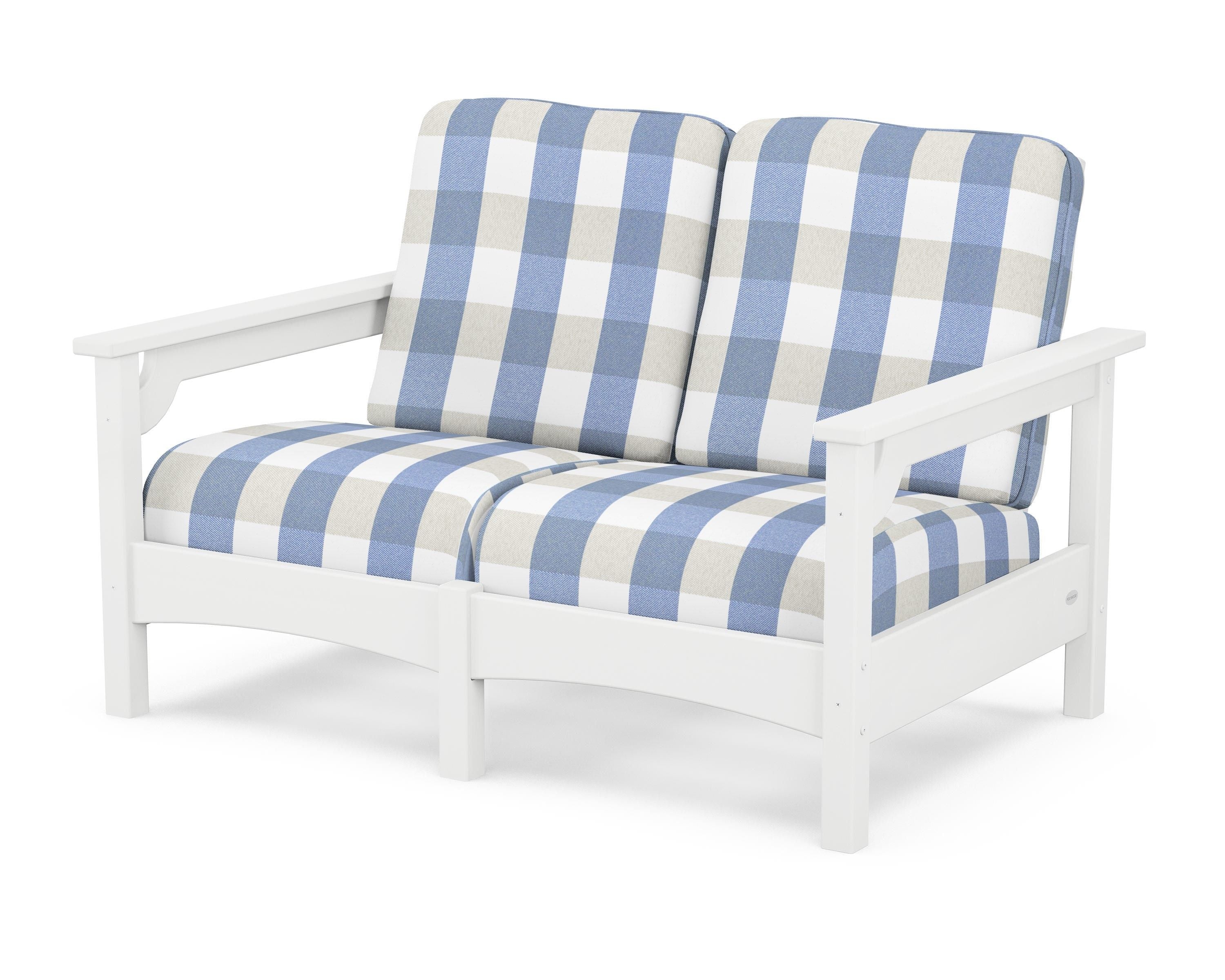 POLYWOOD® Club Loveseat in White / Buffalo Plaid Sky Blue