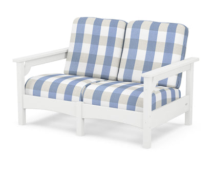 POLYWOOD® Club Loveseat in White / Buffalo Plaid Sky Blue