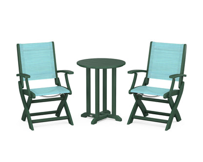 POLYWOOD® Coastal Folding 3-Piece Round Bistro Dining Set in Green / Dupioni Aquamarine Sling