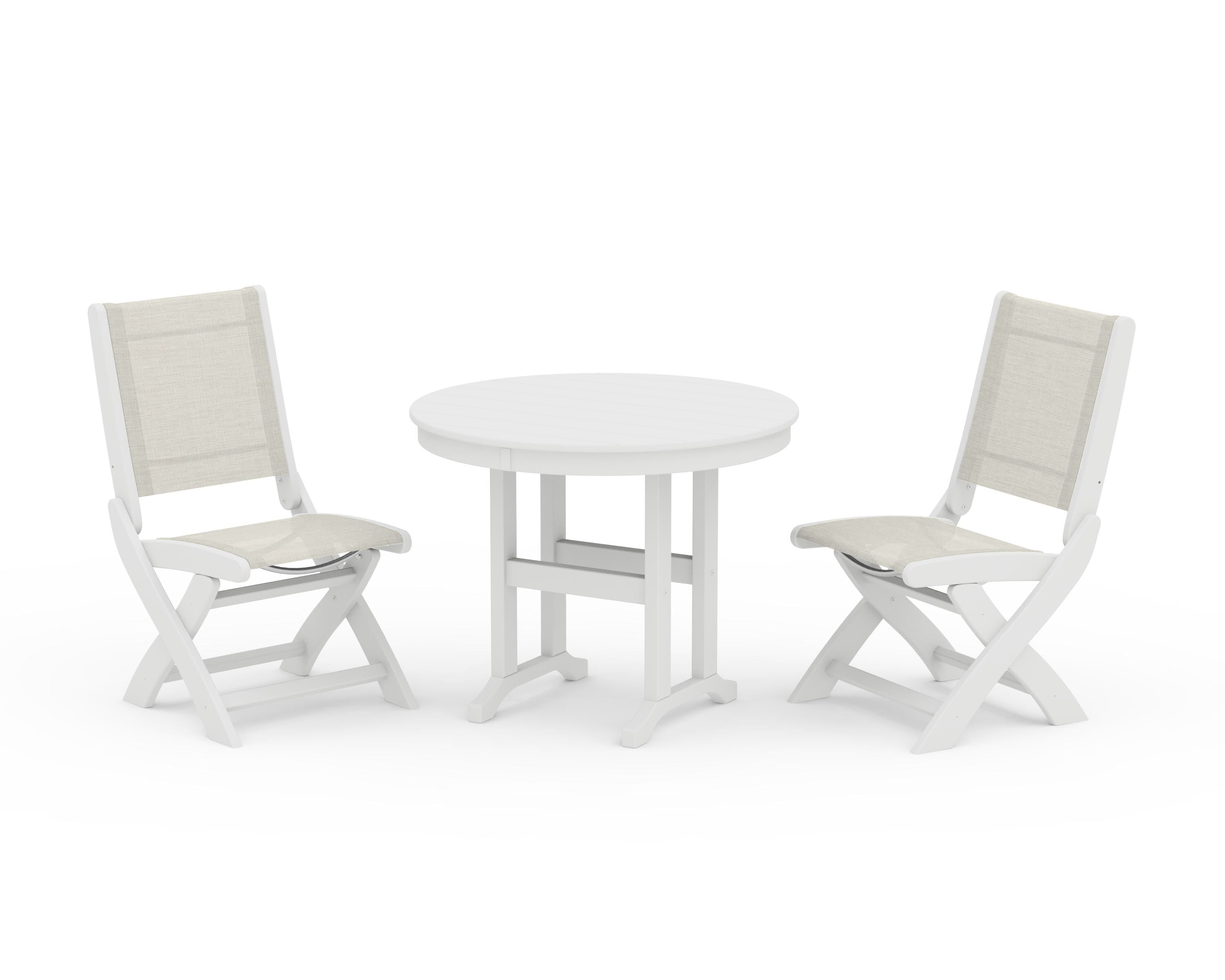 POLYWOOD® Coastal Folding Side Chair 3-Piece Round Dining Set in White / Parchment Sling