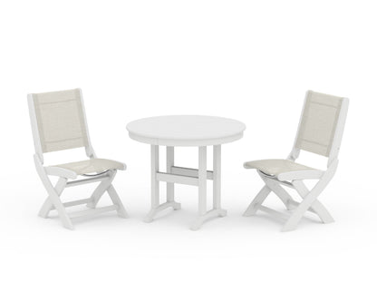POLYWOOD® Coastal Folding Side Chair 3-Piece Round Dining Set in White / Parchment Sling