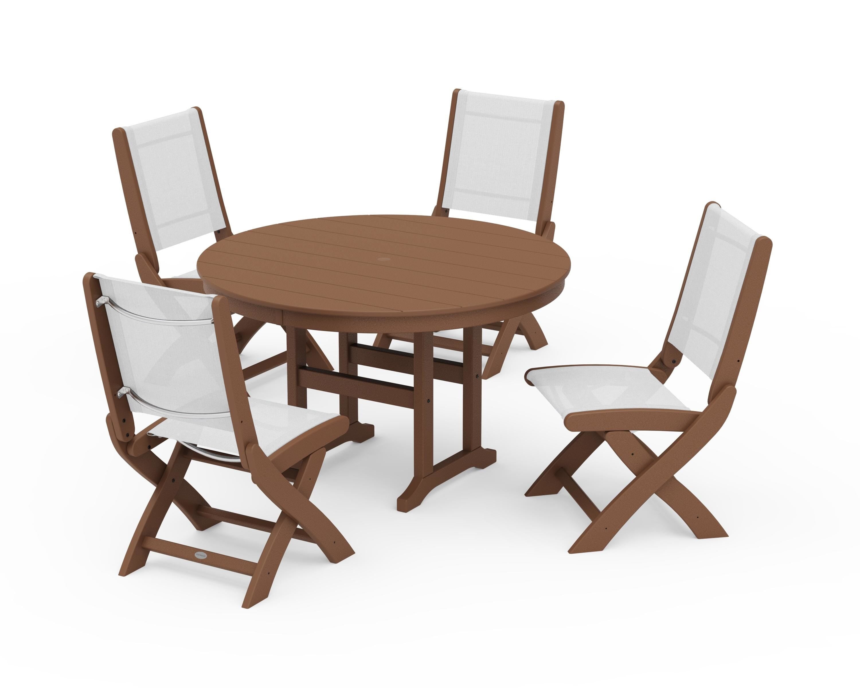 POLYWOOD® Coastal Folding Side Chair 5-Piece Round Dining Set in Teak / White Sling
