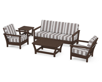 POLYWOOD® Harbour 5-Piece Deep Seating Set in Mahogany / Cabana Stripe Grey Mist