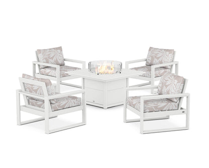 POLYWOOD® EDGE Sectional 5-Piece Deep Seating Set with Fire Pit Table in White / Leaf Dune Burlap
