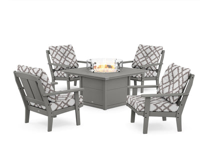 POLYWOOD® Mission 5-Piece Deep Seating Set with Fire Pit Table in Slate Grey / Trellis Grey Mist