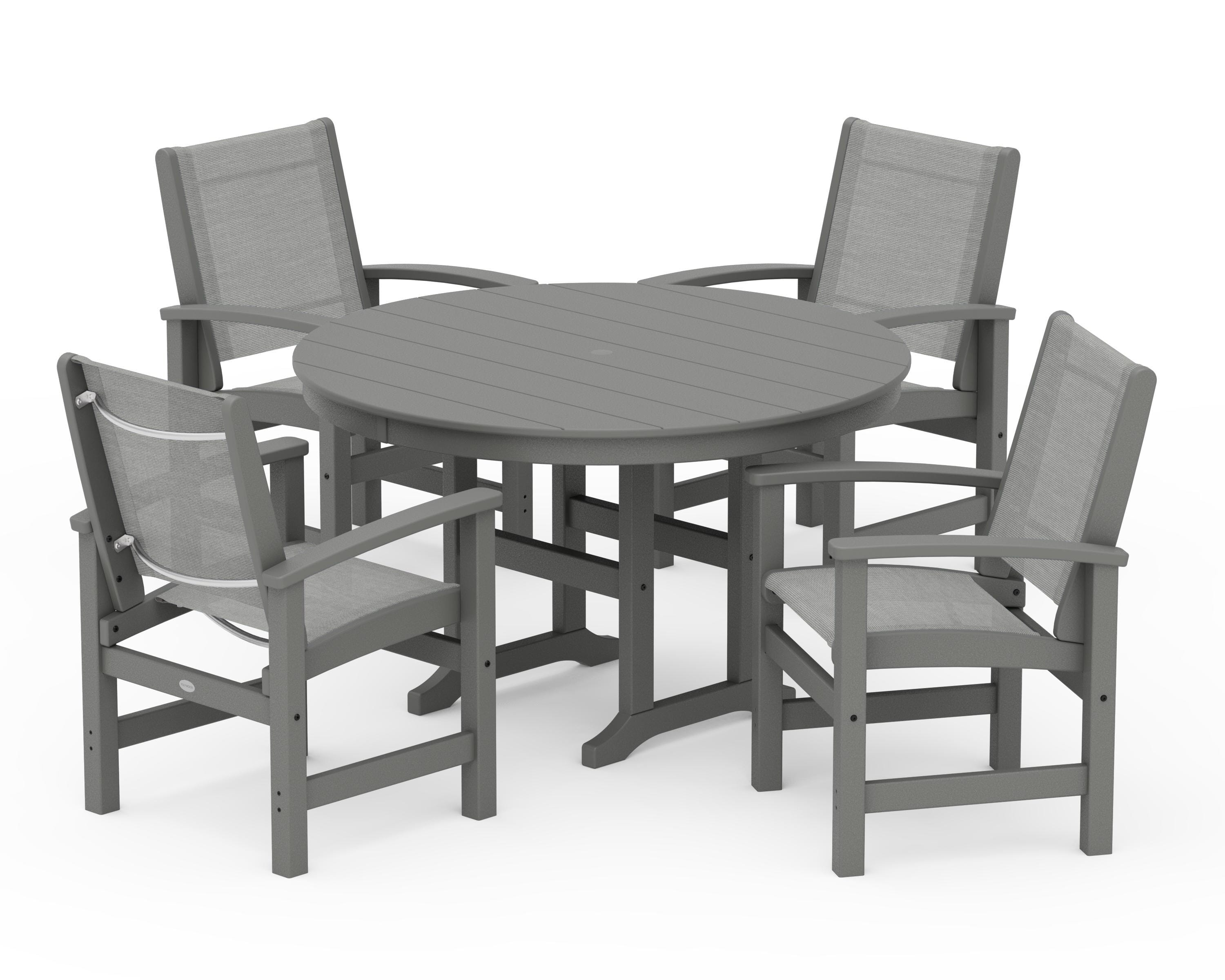 POLYWOOD® Coastal 5-Piece Round Farmhouse Dining Set in Slate Grey / Metallic Sling
