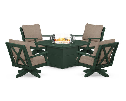 POLYWOOD® Braxton 5-Piece Deep Seating Swivel Conversation Set with Fire Pit Table in Green / Spiced Burlap