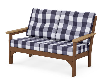 POLYWOOD® Vineyard Deep Seating Loveseat in Teak / Natural / Buffalo Plaid Navy