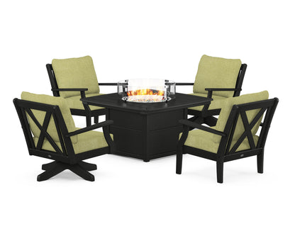 POLYWOOD® Braxton 5-Piece Deep Seating Set with Fire Table in Black / Chartreuse Boucle
