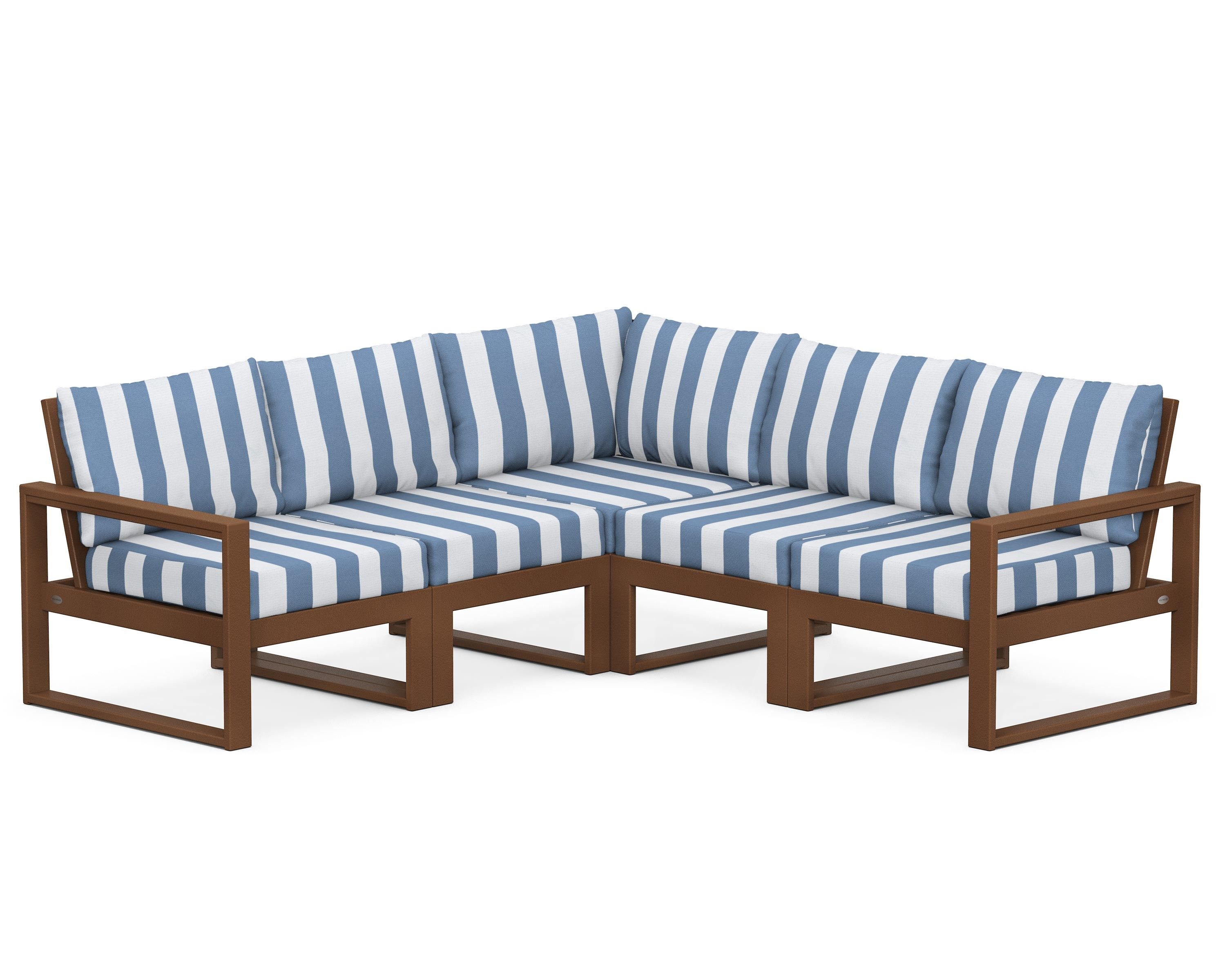 POLYWOOD® EDGE 5-Piece Modular Deep Seating Set in Teak / Cabana Stripe Sky Blue