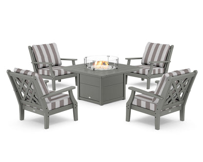 Country Living Wovendale 5-Piece Deep Seating Set with Fire Pit Table in Slate Grey / Cabana Stripe Grey Mist