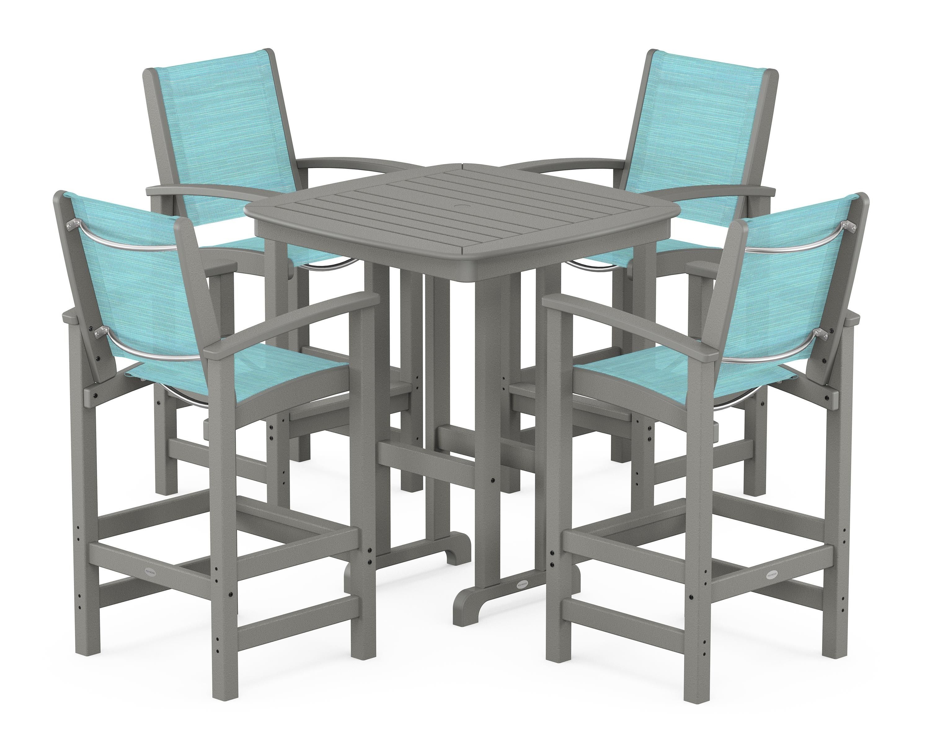 POLYWOOD® Coastal 5-Piece Bar Set in Slate Grey / Dupioni Aquamarine Sling