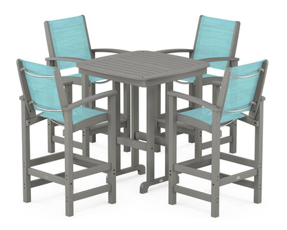 POLYWOOD® Coastal 5-Piece Bar Set in Slate Grey / Dupioni Aquamarine Sling