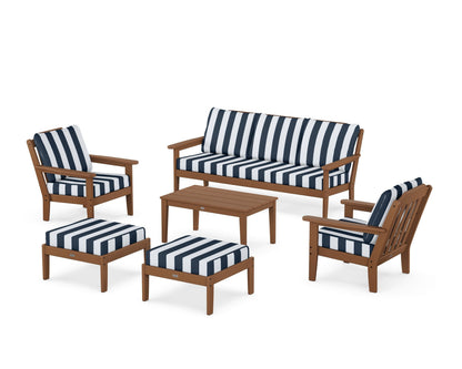 Country Living Cottage 6-Piece Lounge Sofa Set in Teak / Cabana Stripe Marine Indigo
