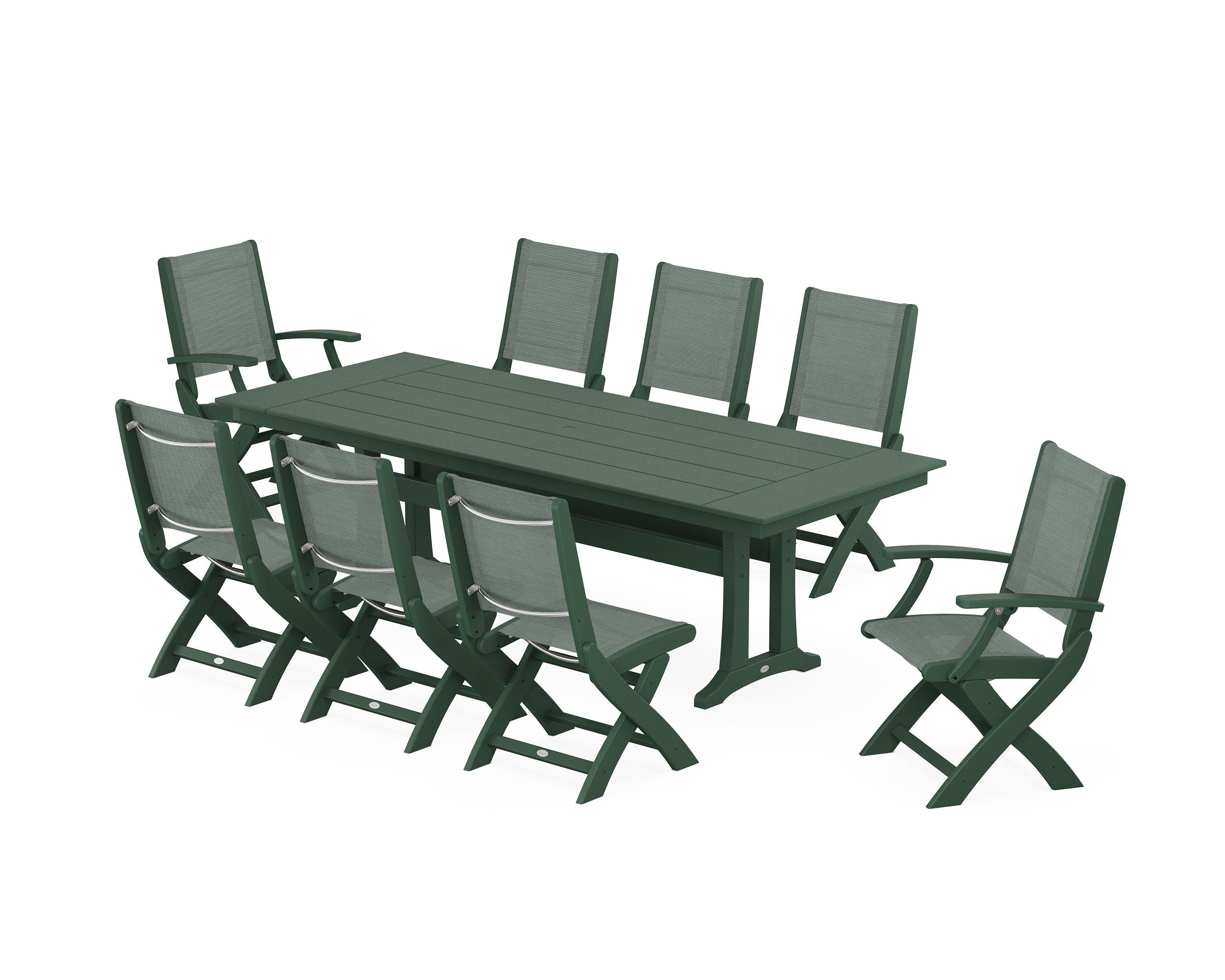 POLYWOOD® Coastal 9-Piece Folding Dining Chair Farmhouse Dining Set with Trestle Legs in Green / Dupioni Sea Mist Sling