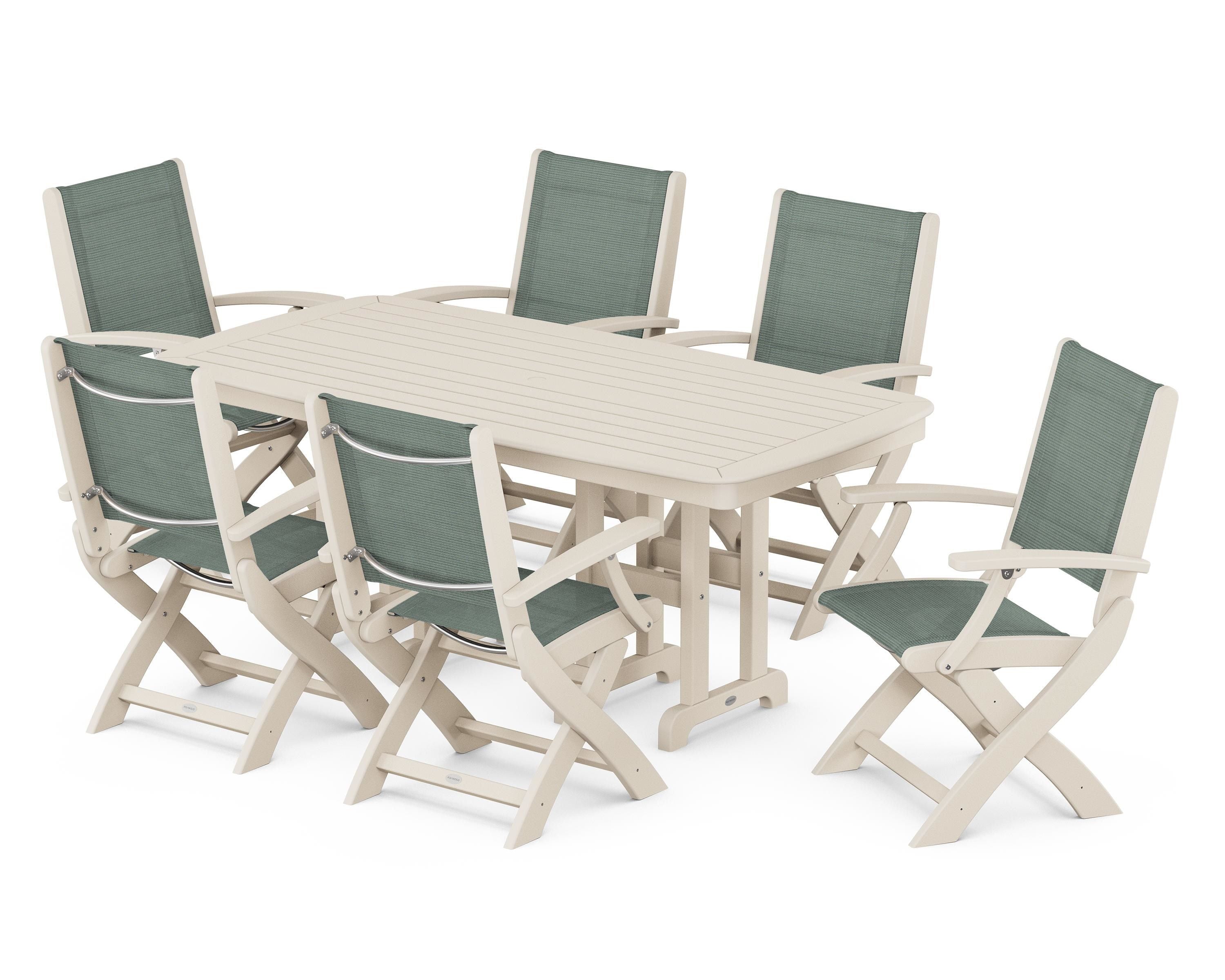 POLYWOOD® Coastal Folding Arm Chair 7-Piece Dining Set in Sand / Dupioni Sea Mist Sling
